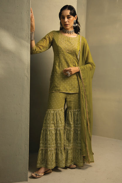 GREEN GEORGETTE BANDHANI PRINTED KURTA, SHARARA AND DUPATTA SET
