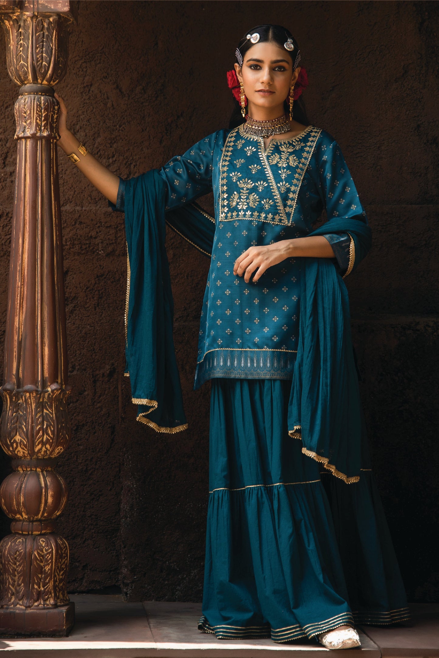 Teal Satin Slub Festive Embroidered Printed Straight Kurta Skirt Dupatta