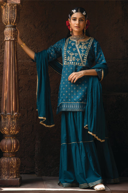 Teal Satin Slub Festive Embroidered Printed Straight Kurta Skirt Dupatta