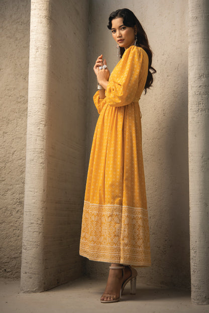 Mustard Georgette Festive Print Flared Dress
