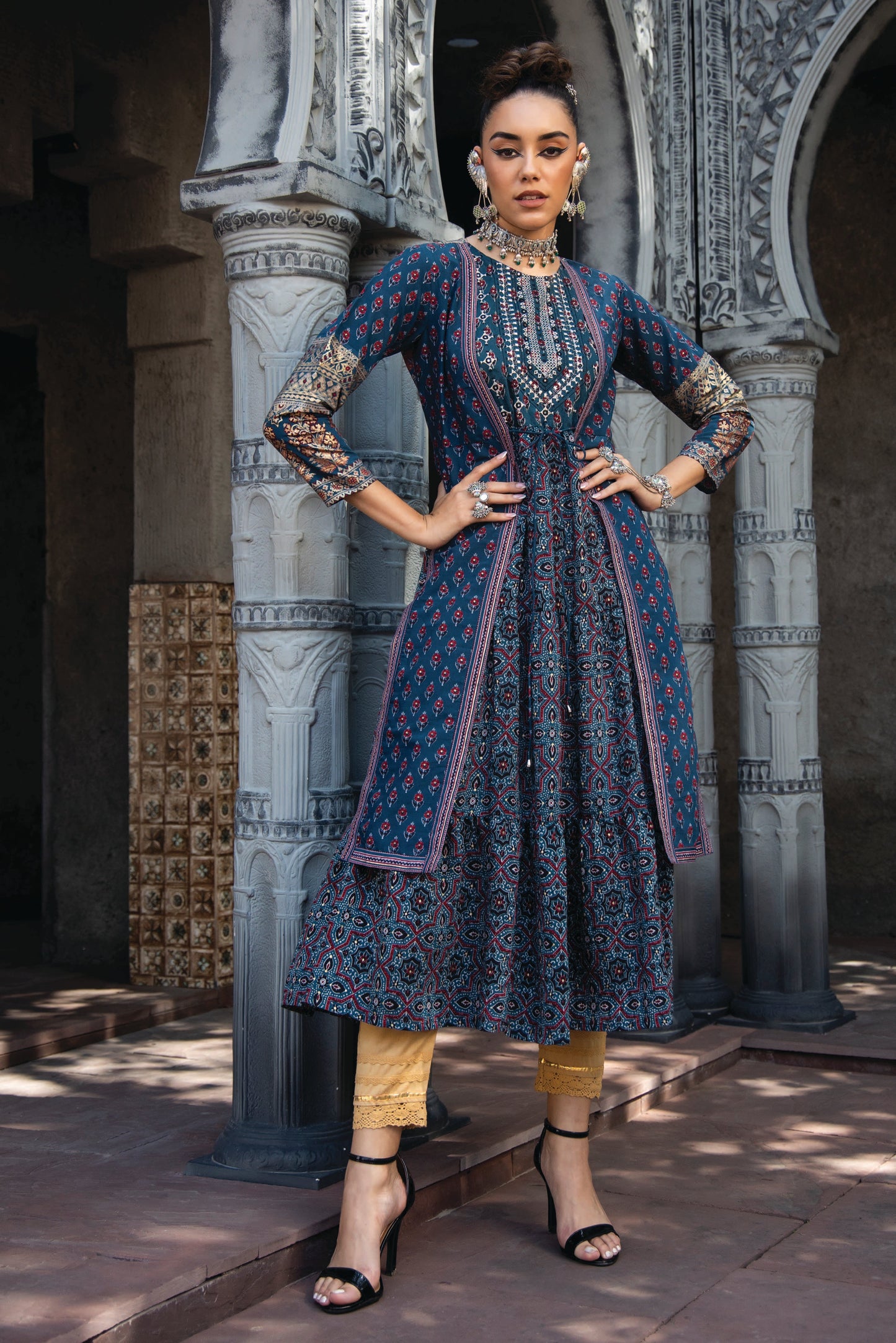 Teal Chanderi Festive Printed Tiered  Kurta