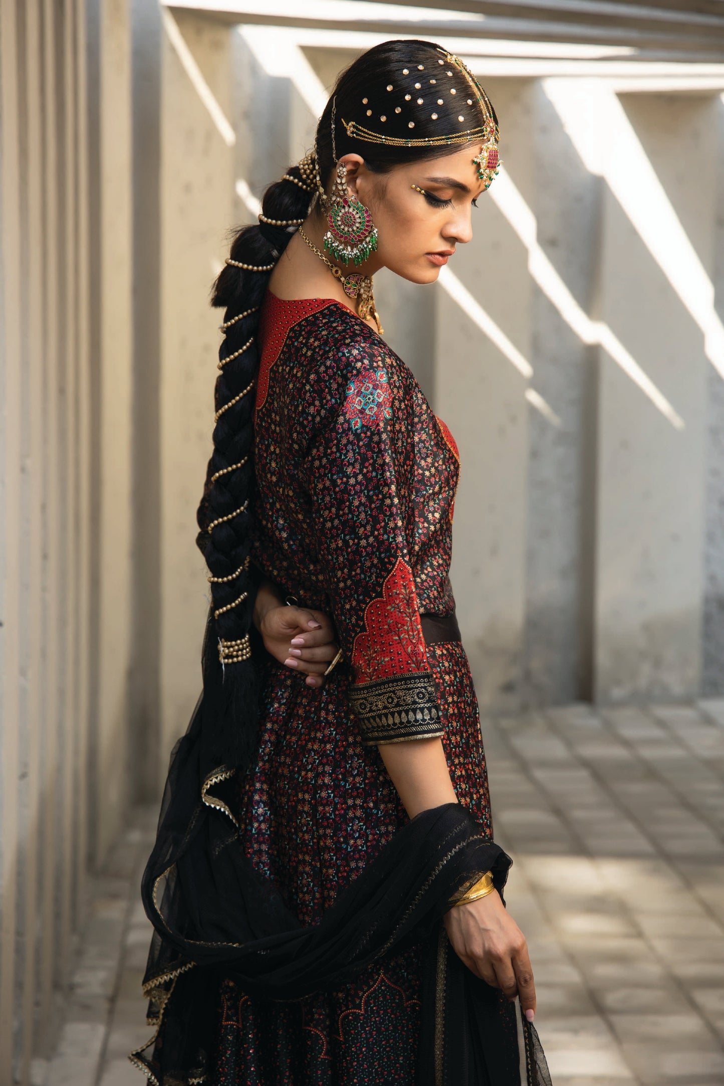 Black Dull Satin Festive Printed Crop Choli-Skirt Dupatta