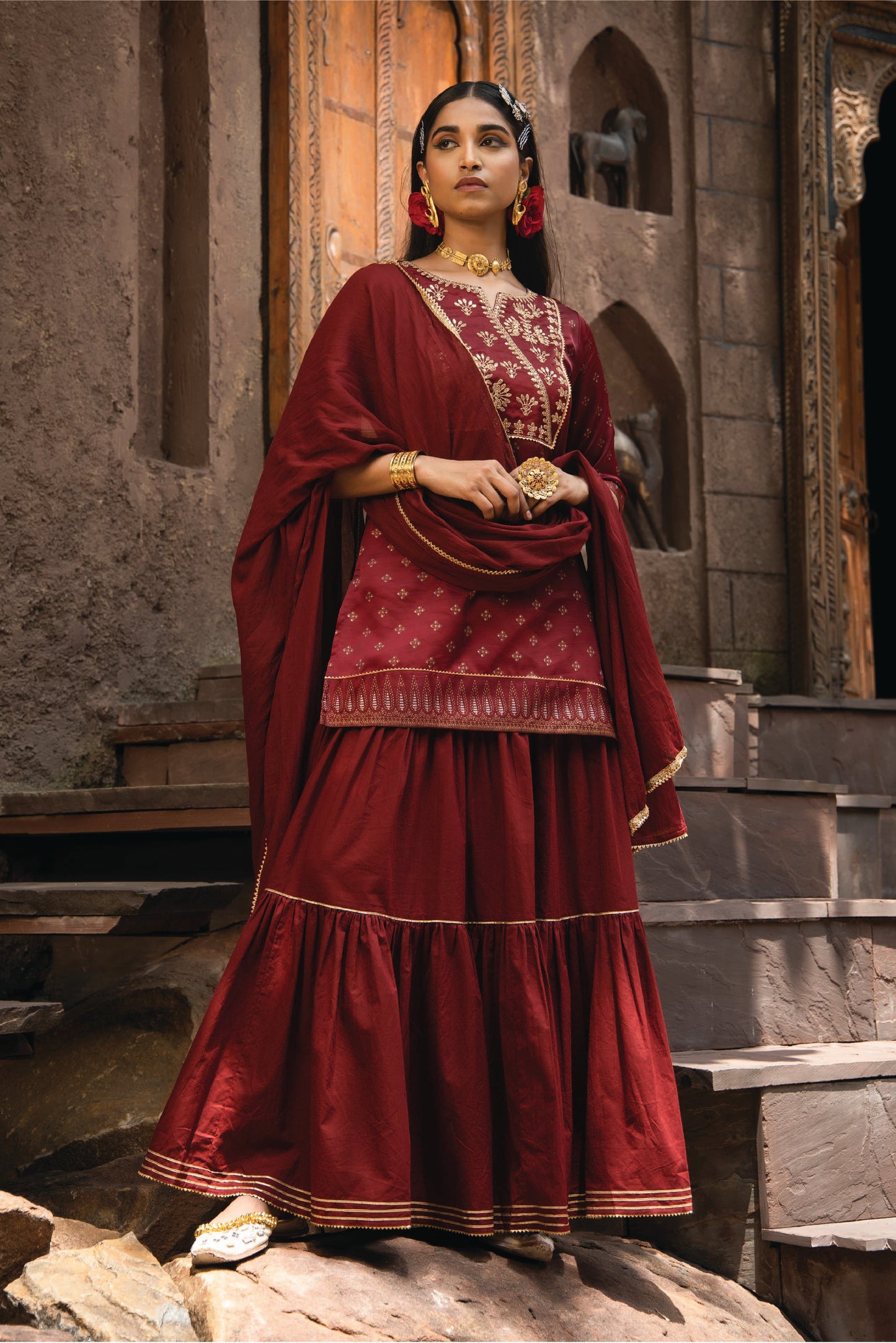 Maroon Satin Slub Festive Embroidered Printed Straight Kurta Skirt Dupatta Set