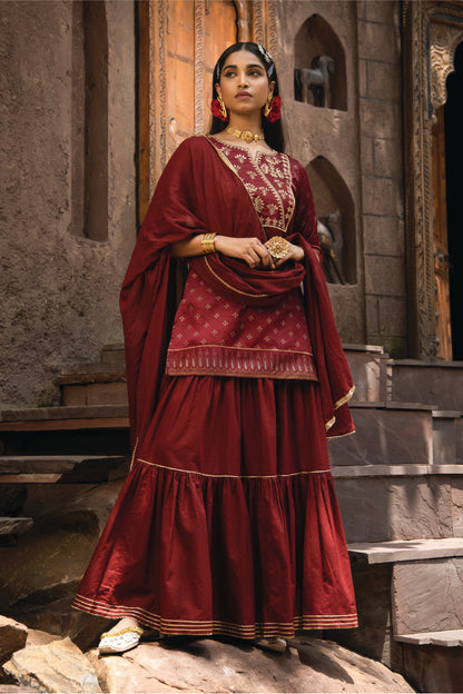 Maroon Satin Slub Festive Embroidered Printed Straight Kurta Skirt Dupatta Set