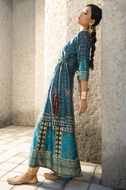 Teal Satin Festive Printed Anarkali Flared Anarkali Kurta