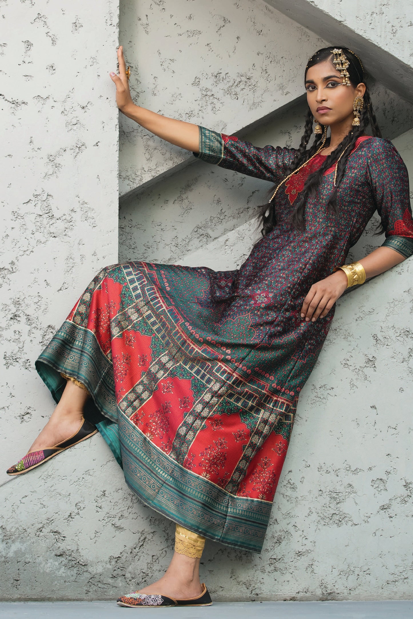 Green Satin Festive Printed Anarkali Flared Anarkali Kurta