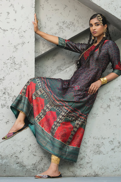 Green Satin Festive Printed Anarkali Flared Anarkali Kurta