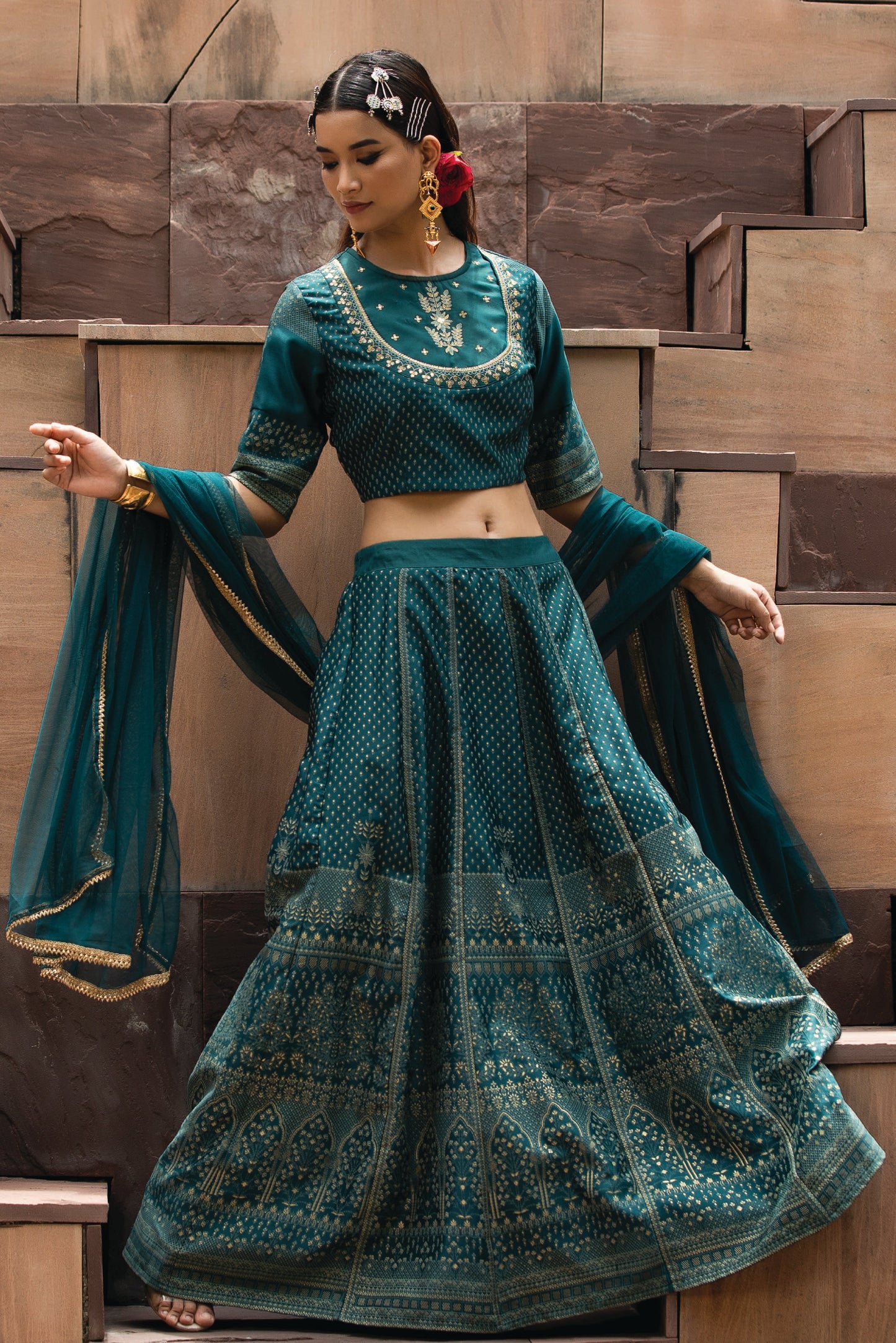 Teal Dull Satin Festive Embroidered Printed Crop Lehenga Choli Dupatta Set