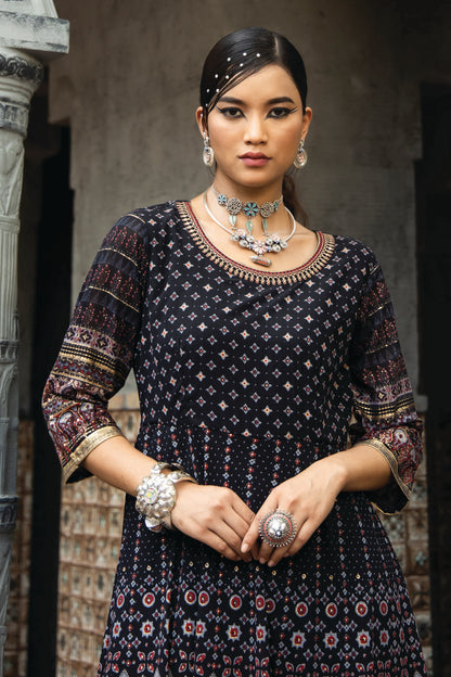 Black Georgette Festive Printed Flared Anarkali Kurta