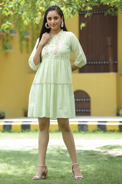 Pista Green Swiss Dot Festive Embroidered Tiered Dress