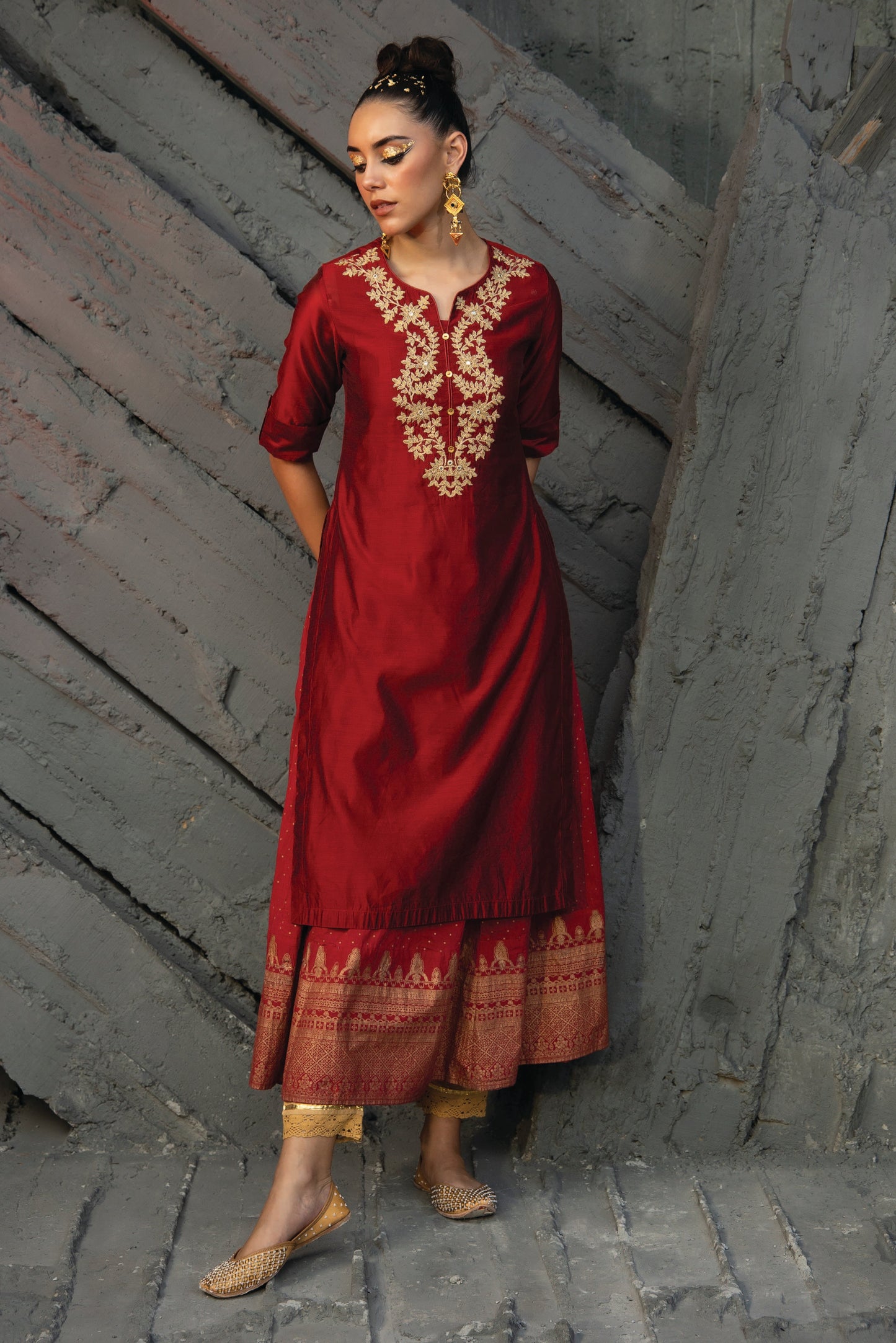 Maroon Chanderi Festive Embroidered + Printed Straight/Flared Kurta