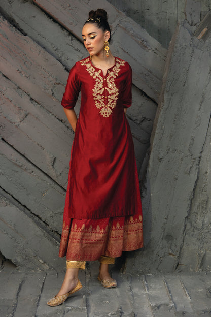 Maroon Chanderi Festive Embroidered + Printed Straight/Flared Kurta