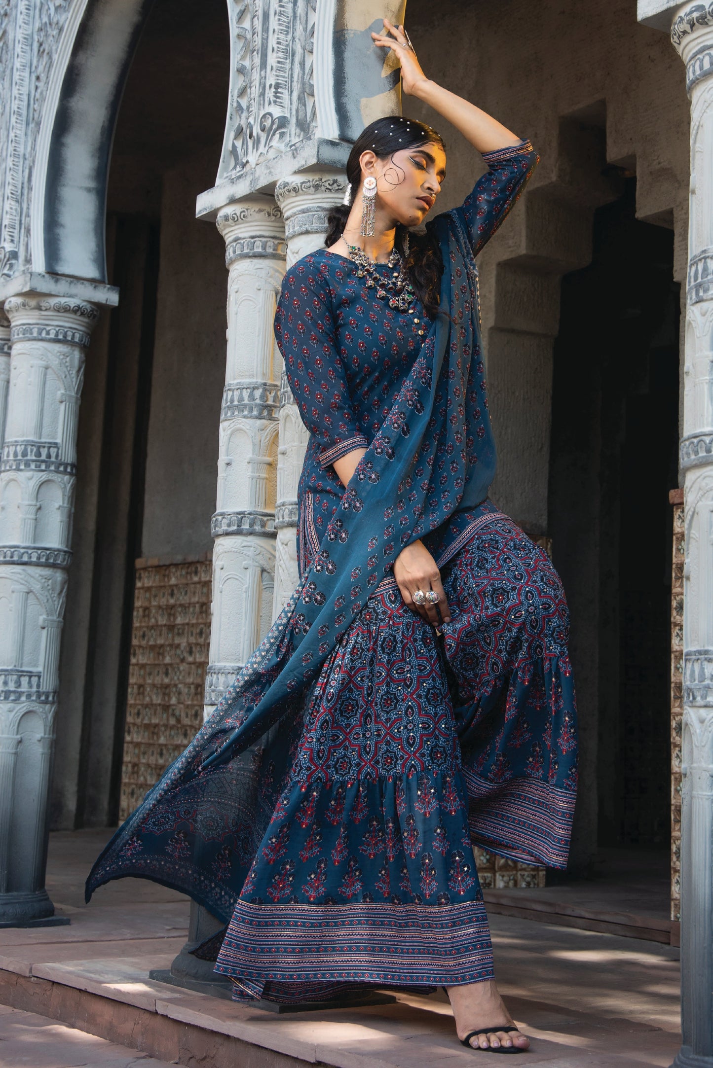 Teal Georgette Festive Floral Print Straight Tunic-Sharara Dupatta