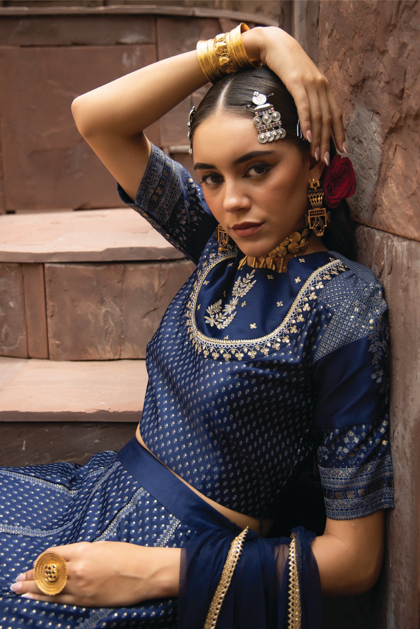 NAVY DULL SATI POLYSTER NET FESTIVE EMBROIDERED CROP LEHENGA CHOLI DUPATTA FOR WOMEN