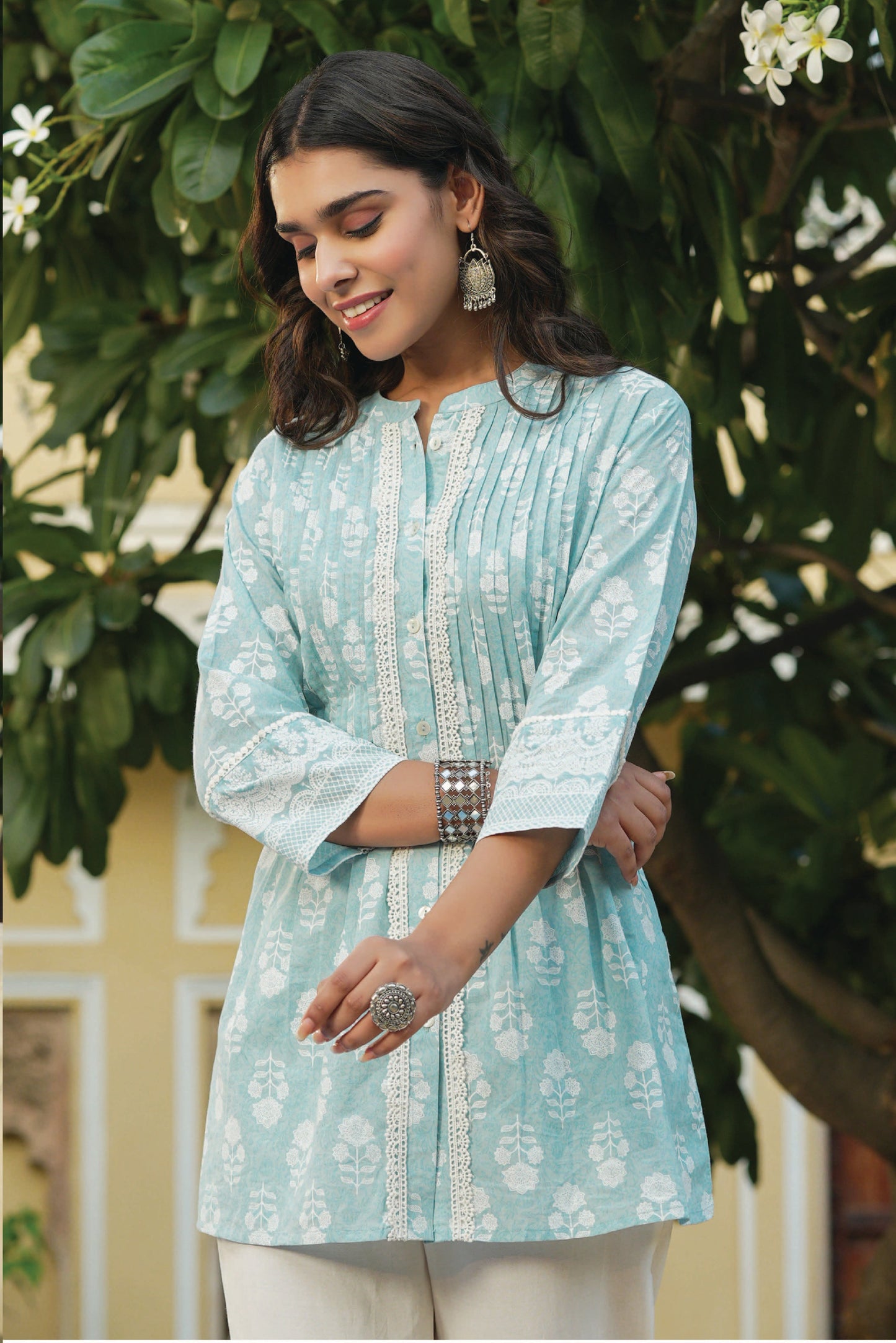 Skyblue Cambric Placement Floral Printed Tunic