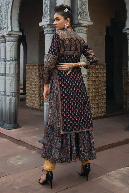 Black Chanderi Festive Printed Tiered  Kurta