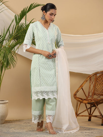 Mint Cotton Cambric Printed Kurta Set