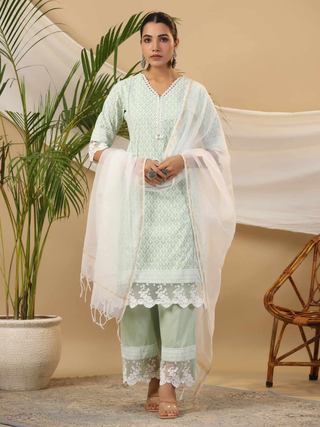 Mint Cotton Cambric Printed Kurta Set