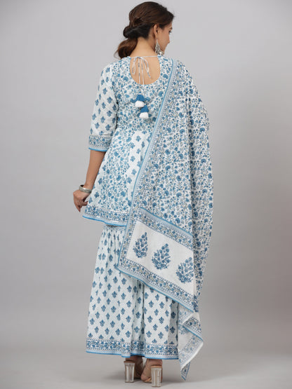 Blue Cotton Cambric Floral Placement Printed Anarkali Kurta Sharara & Dupatta Set