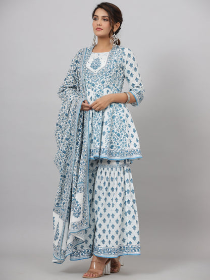 Blue Cotton Cambric Floral Placement Printed Anarkali Kurta Sharara & Dupatta Set