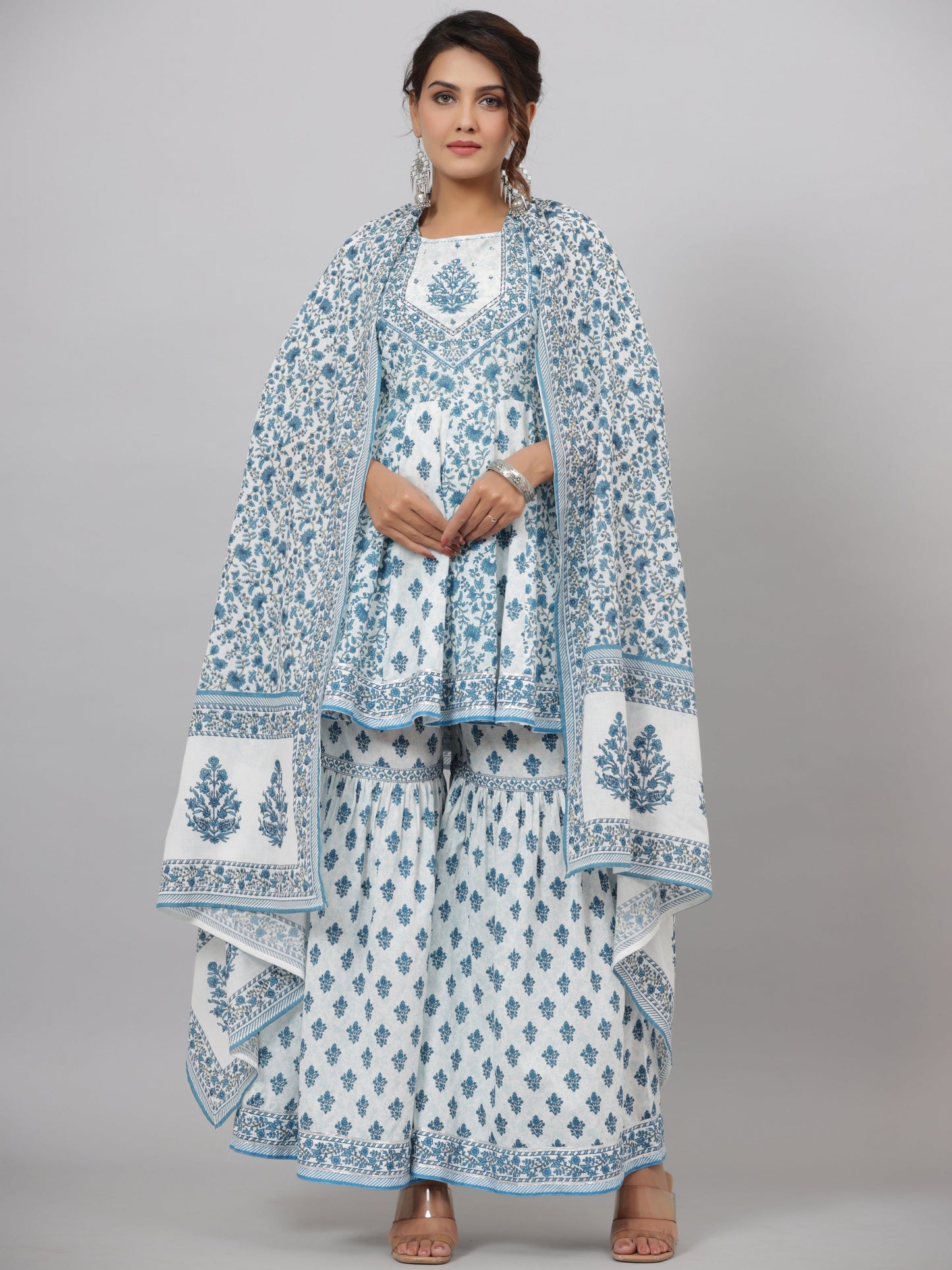 Blue Cotton Cambric Floral Placement Printed Anarkali Kurta Sharara & Dupatta Set