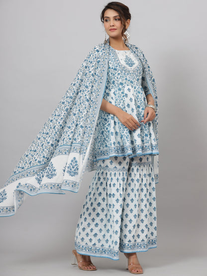 Blue Cotton Cambric Floral Placement Printed Anarkali Kurta Sharara & Dupatta Set