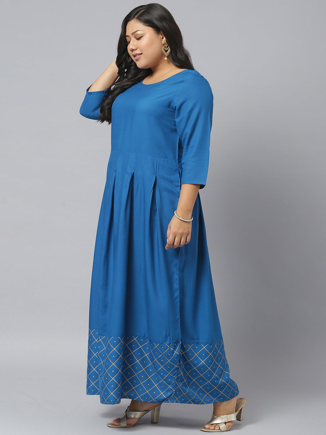 Gold Printed Rayon Flared Kurta Dupatta Set