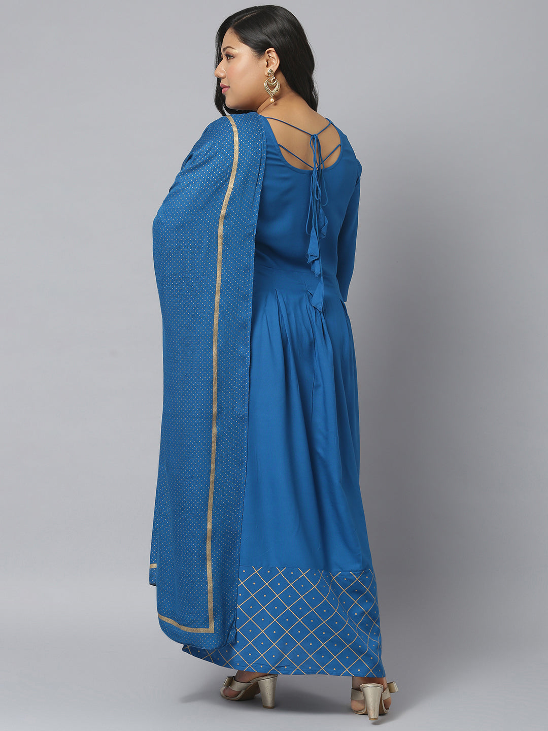 Gold Printed Rayon Flared Kurta Dupatta Set