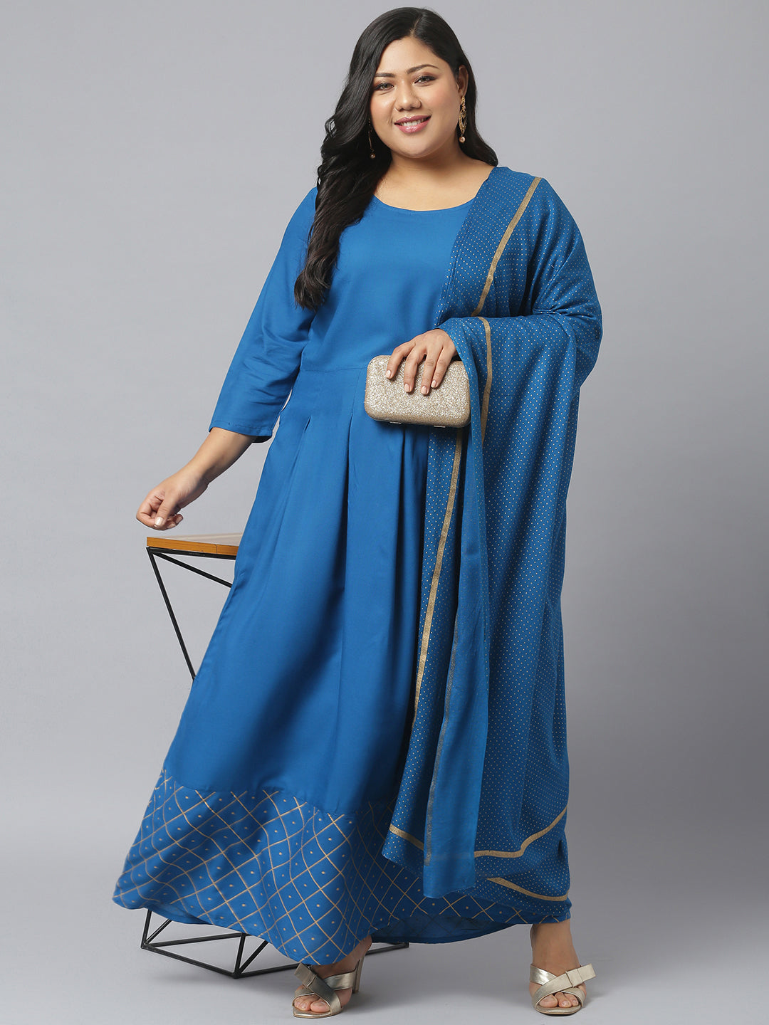 Gold Printed Rayon Flared Kurta Dupatta Set