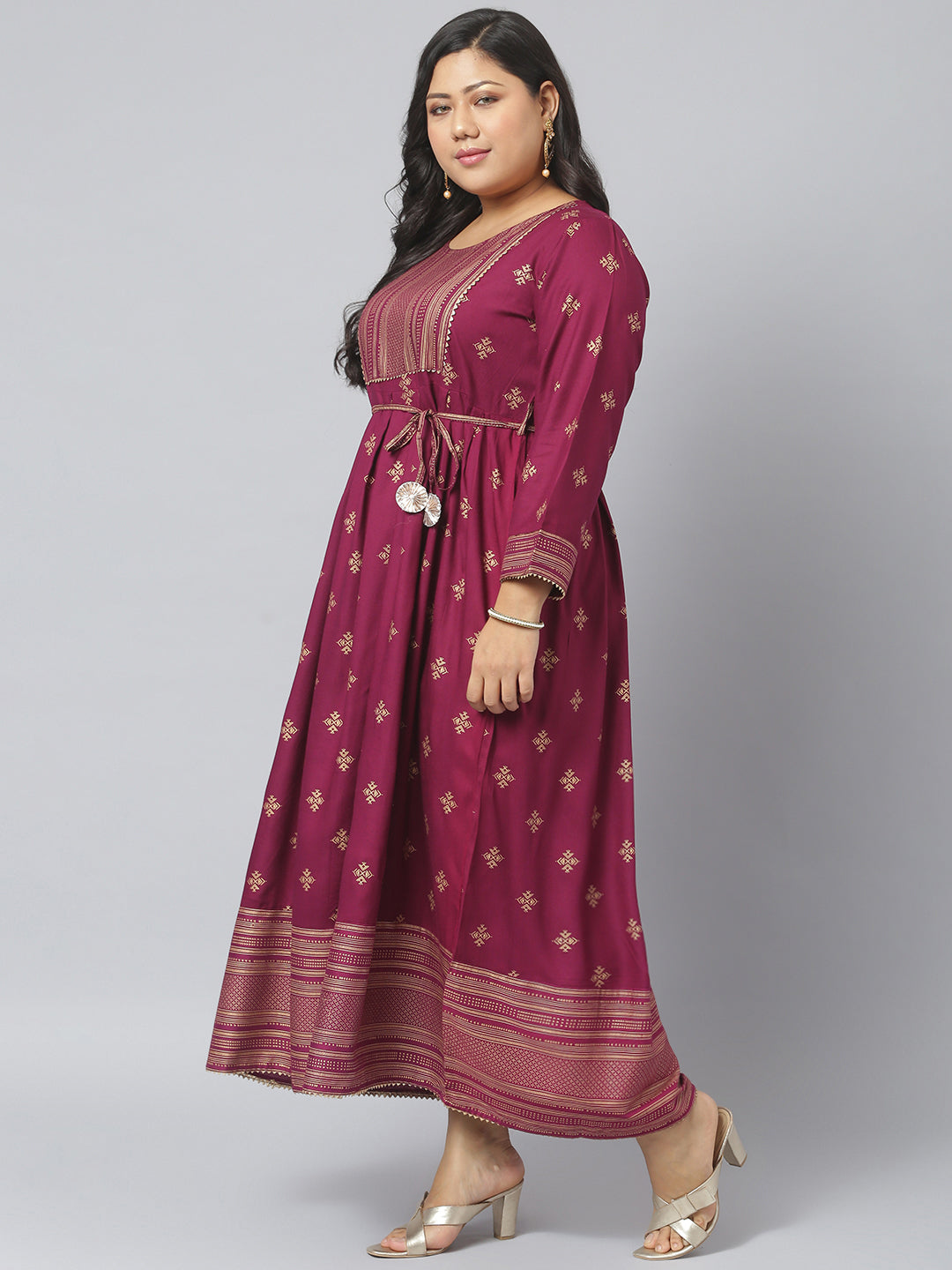 Gold Printed Rayon Flared Kurta