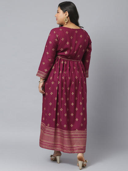 Gold Printed Rayon Flared Kurta