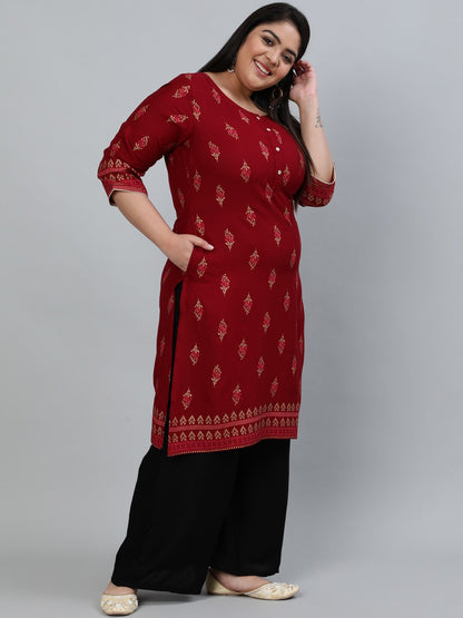Plus Size Women Maroon & Gold Printed Staright Kurta With Three Quarter Sleeves