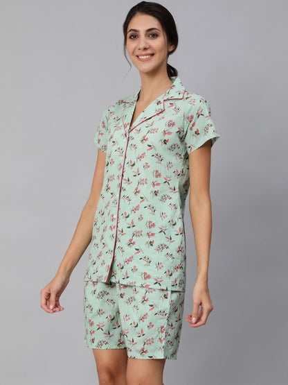 Women Green Floral Printed Night Suit