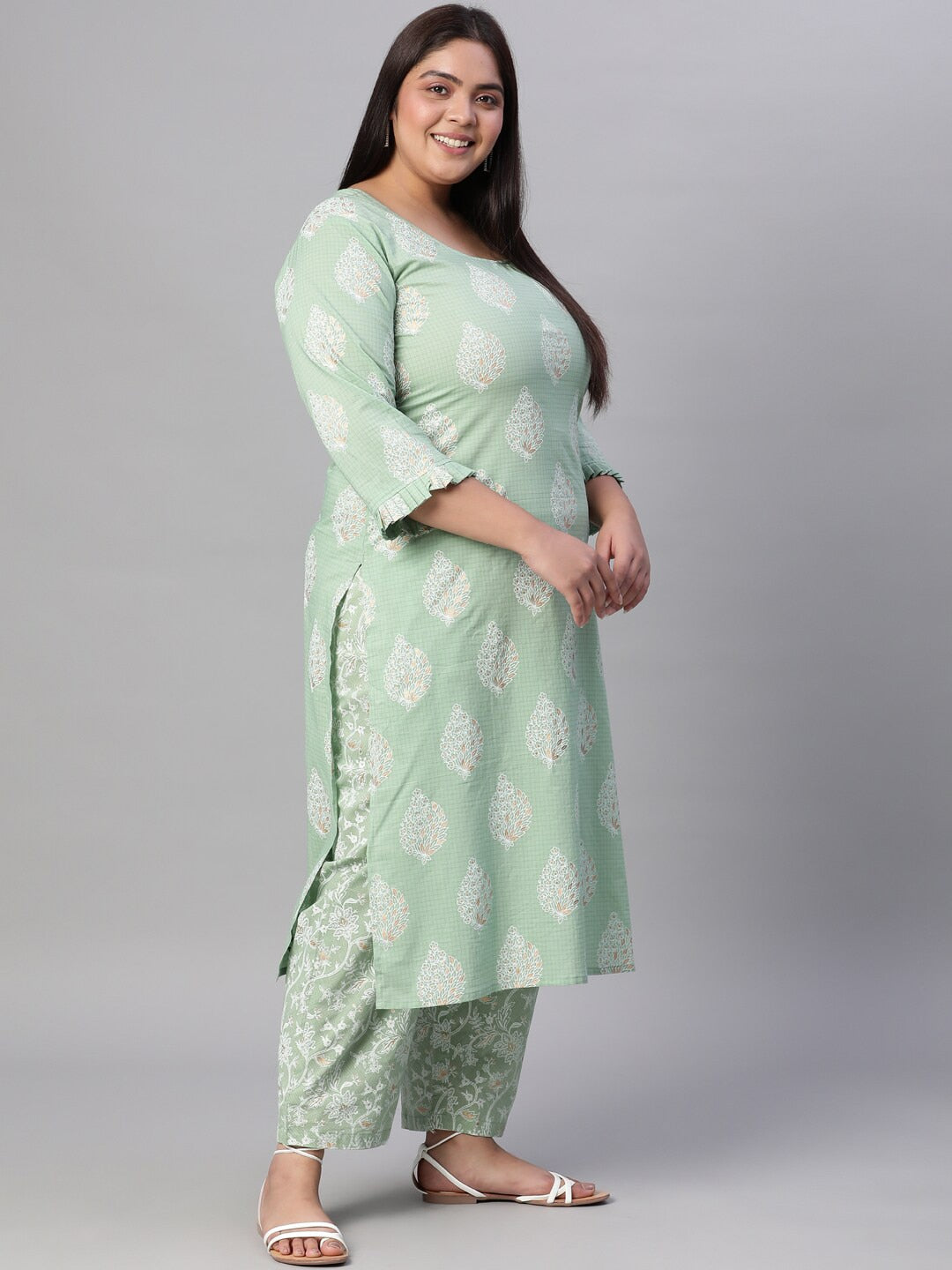 Women Green Printed Straight Kurta with Plazo & Dupatta