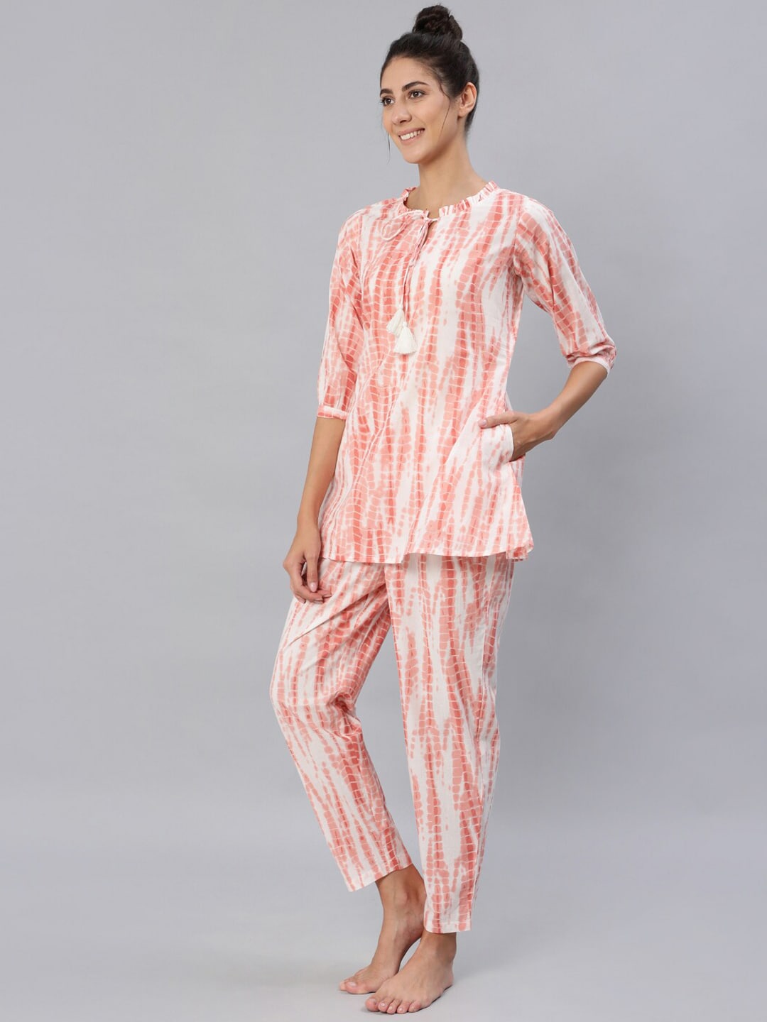 Women Peach Tie-dye Printed Night Suit Set