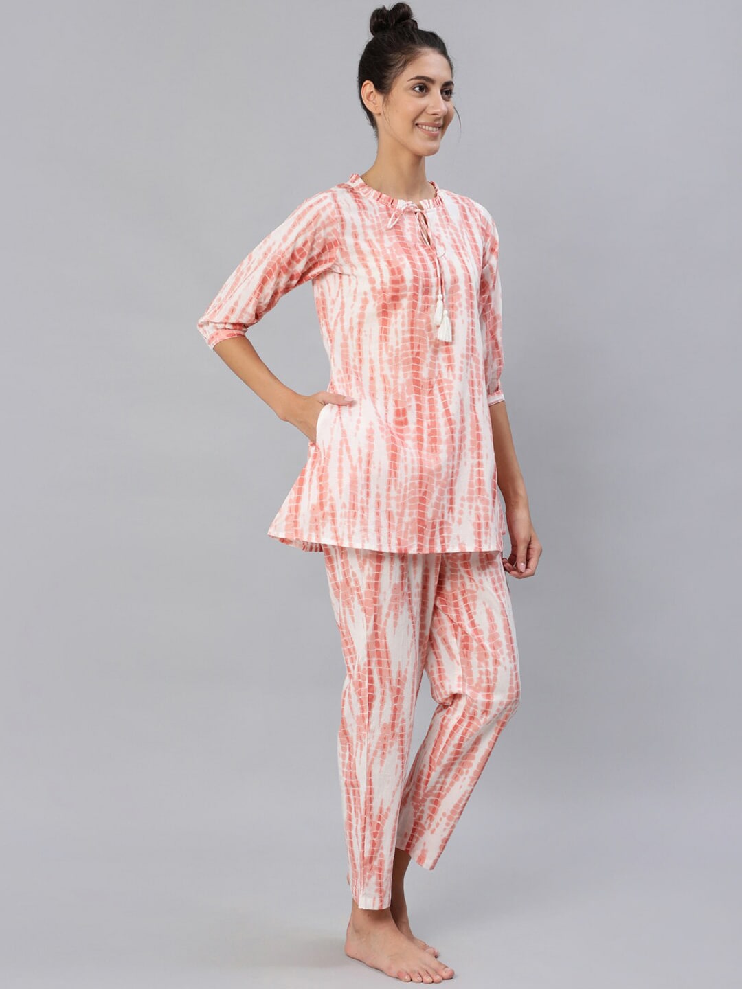 Women Peach Tie-dye Printed Night Suit Set