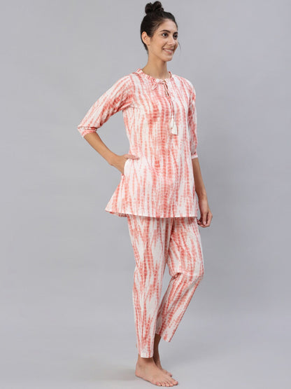 Women Peach Tie-dye Printed Night Suit Set