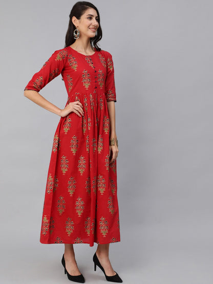 Women Red & Gold Printed Maxi Dress With Three Quarter Sleeves