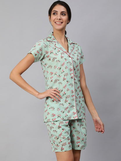 Women Green Floral Printed Night Suit