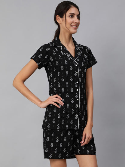 Women Black Floral Printed Night Suit