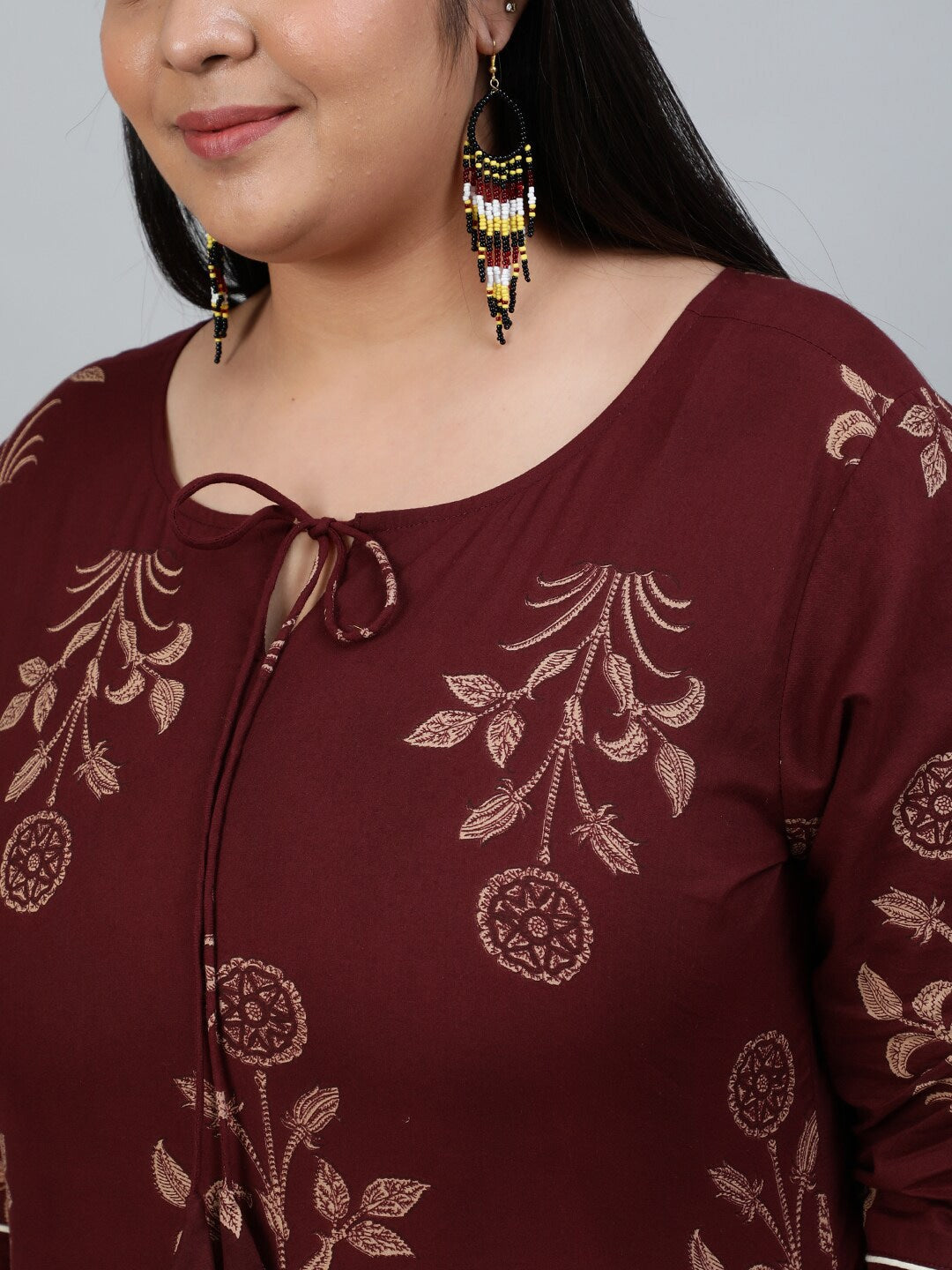 Plus Size Women Brown & Gold Printed Straight Kurta With Palazo & Dupatta