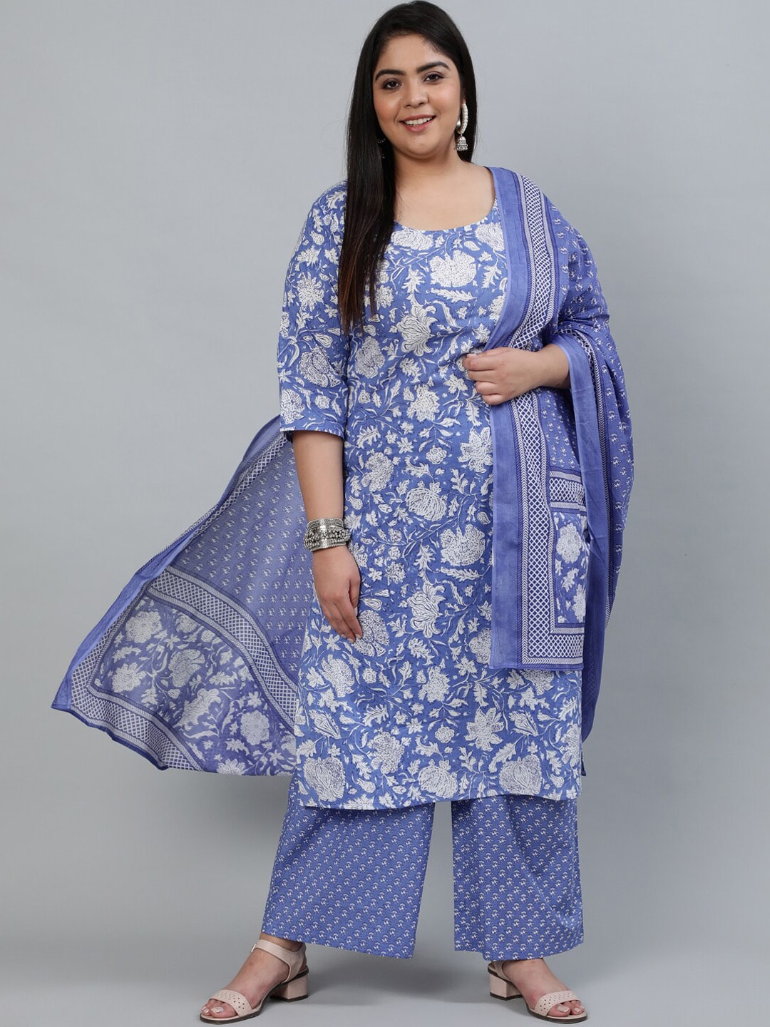 Plus Size Women Purple Printed Straight Kurta With Palazo & Dupatta