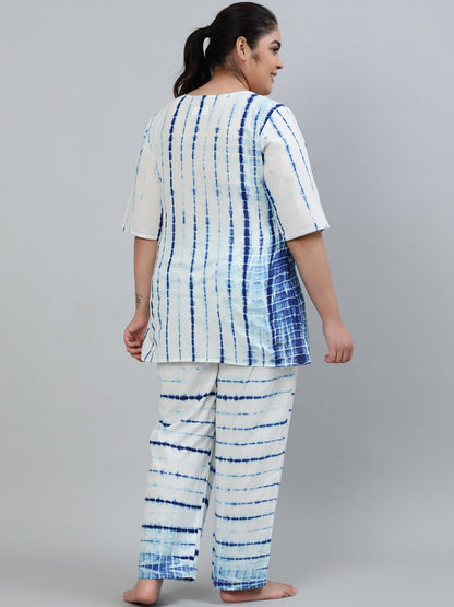 Plus Size Women Off- White Tie-Dye Printed Night Suit With Half Sleeves