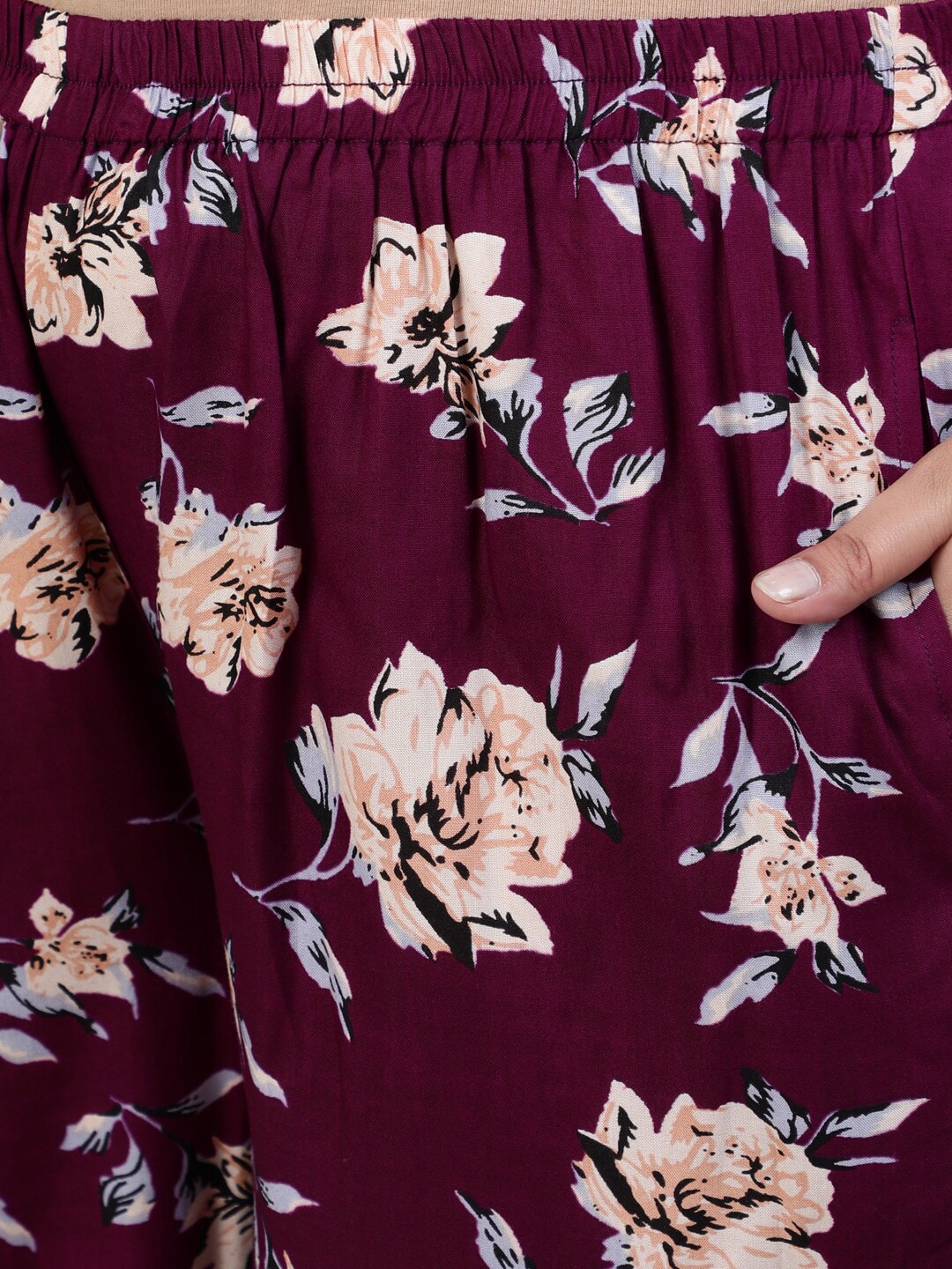 Plus Size Women Burgundy Floral Printed Night Suit With Half Sleeves